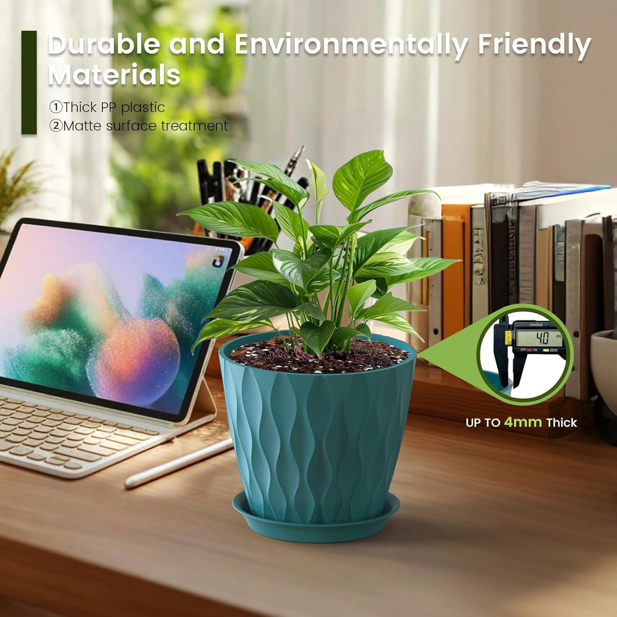 7 inch Plant Pots for Indoor Outdoor Plants, 5 Pack Thick Flower Pots with Drainage Holes and Saucers, 3D Modern Wave Texture Plastic Planter Pots for Nursery and House Plants, Blue Green