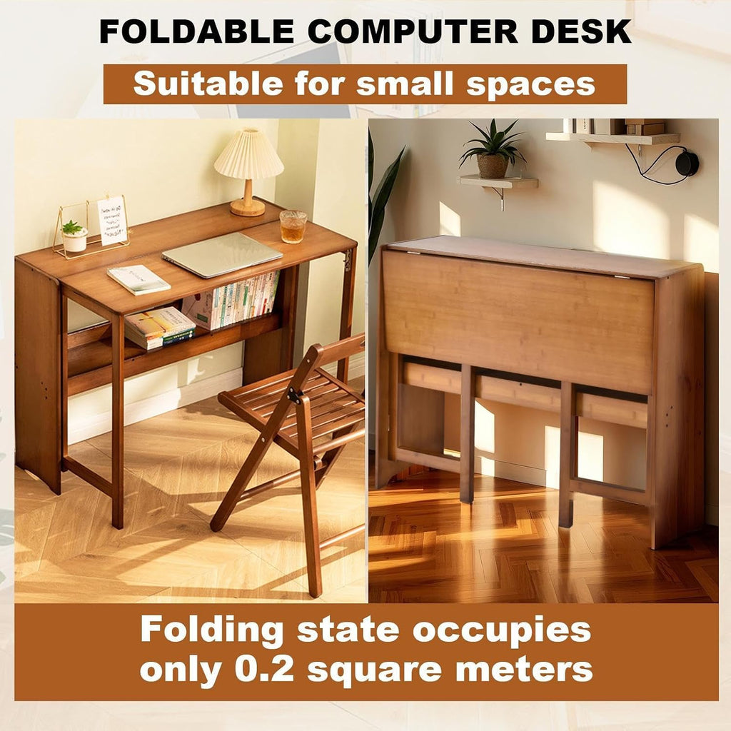 41'' Bamboo Folding Desk with Bookshelf, Space-Saving Foldable Computer Desk, Mid Century Modern Style Foldable Study Table for Home, Office, Bedroom, Small Spaces, Brown