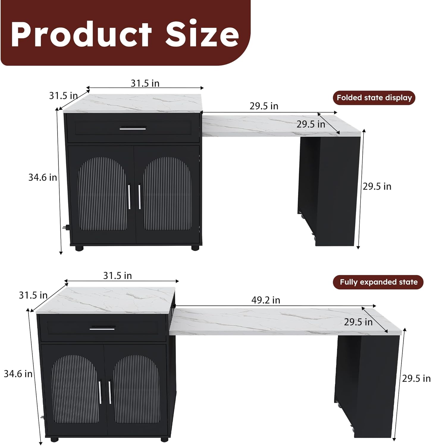 80-inch Expandable Kitchen Island with Dining Table, Marble-Grain Countertop with Power Outlet, Mobile Storage Cart with Cabinet & 2 Drawers, Kitchen Prep Table(Black, 80.7)