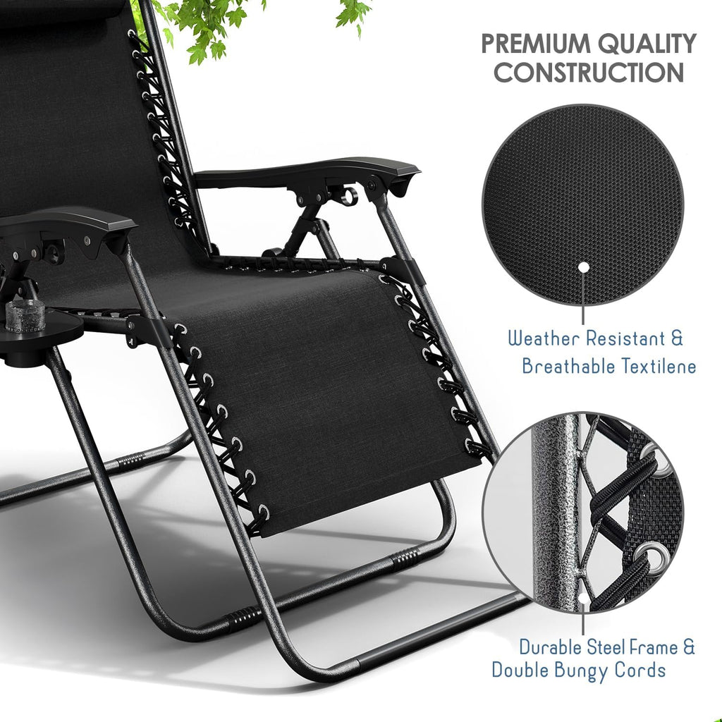 Nestl Zero Gravity Chairs Set of 4, Patio Lounge Chair Outdoor with Pillows & Cup Holder Trays, Adjustable Steel Mesh Reclining Camping Chair, Folding Patio Lawn Chair for Deck, Beach, Yard - Black