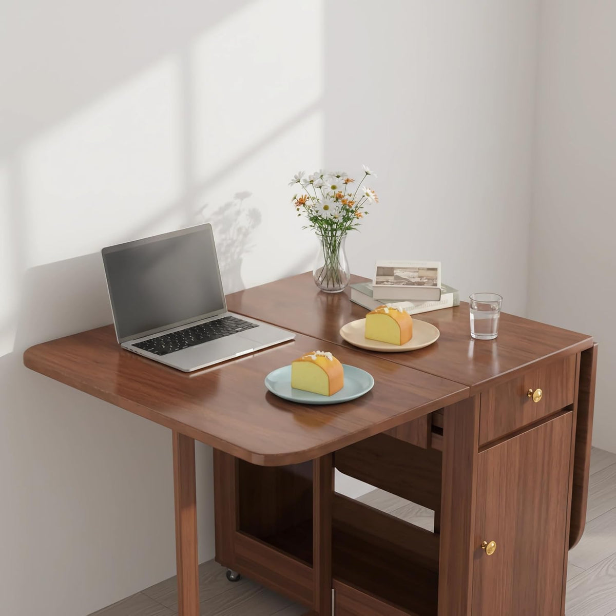 Extendable Drop Leaf Folding Dining Table with 2 Hidden Storage Drawers and 4 Wheels, No Assembly Required Space Saving Table for Small Spaces, Living Room & Kitchen (51.18 inch Table & 4 Chairs)