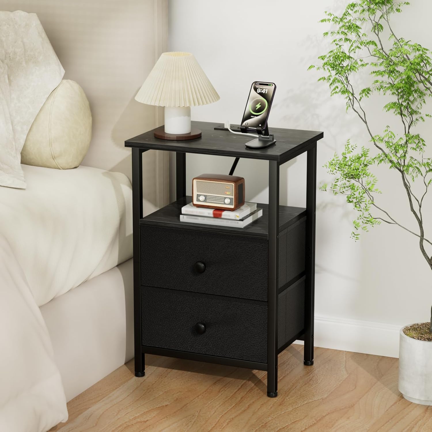 LOAKEKEL Night Stand, Small Nightstand with Charging Station | Bedside Table with 2 Fabric Drawers, End Table Living Room, Side Table with USB & Type-C Ports for Bedroom, Black