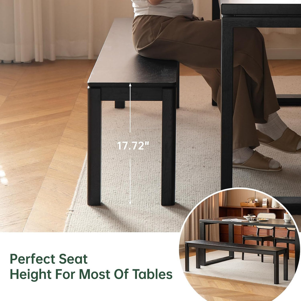 47.2'' 100% Solid Wood Dining Bench, Oak Wood Long Bench for Dining Table, End of Bed, Entryway, Hallway, Sofa Back, Suqare Bench for Dining Room Kitchen Bedroom Living Room, Black