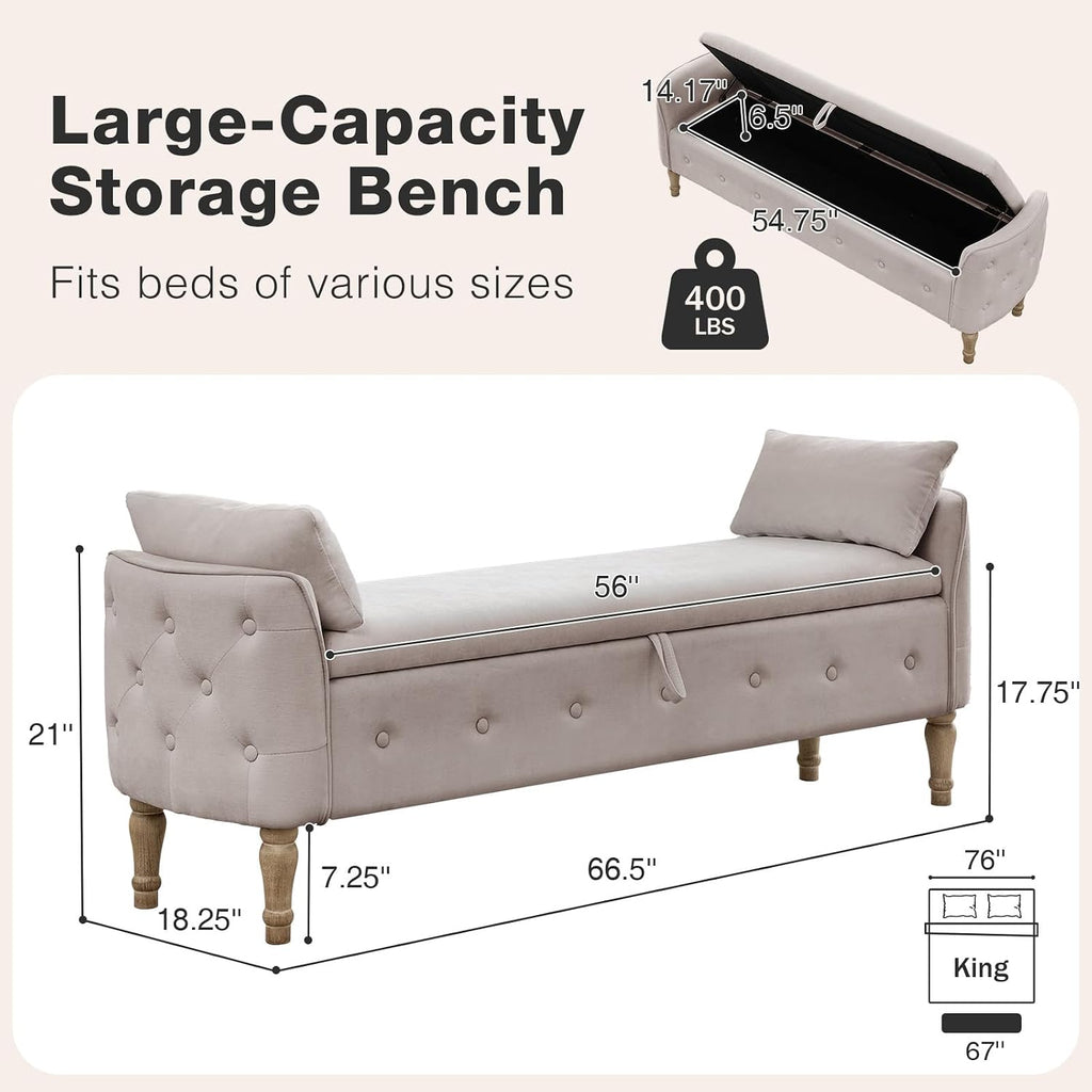 67'' King Size Storage Bench for Bedroom End of Bed,Linen Bedroom Bench for Foot of Bed King,Storage Bench with Arched Arms and 2 Cushion for Living Room Entryway Window,Khaki