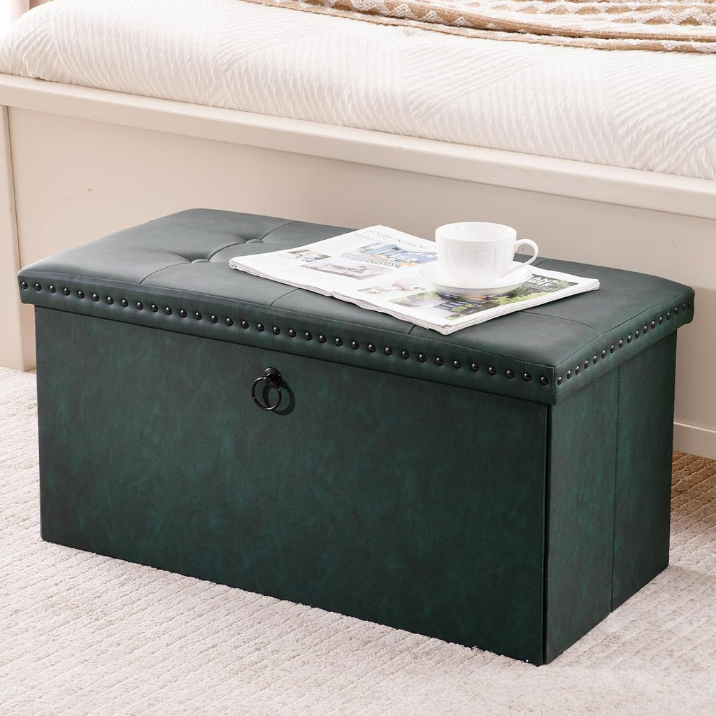 oakvivo Folding Storage Ottoman Bench, Leather Foot Rest Stools with Rivet Design, 15" D x 30" W x 15" H, Ottoman with Storage End of Bed Bench Footstool for Living Room Bedroom, Load 330 lb, Green