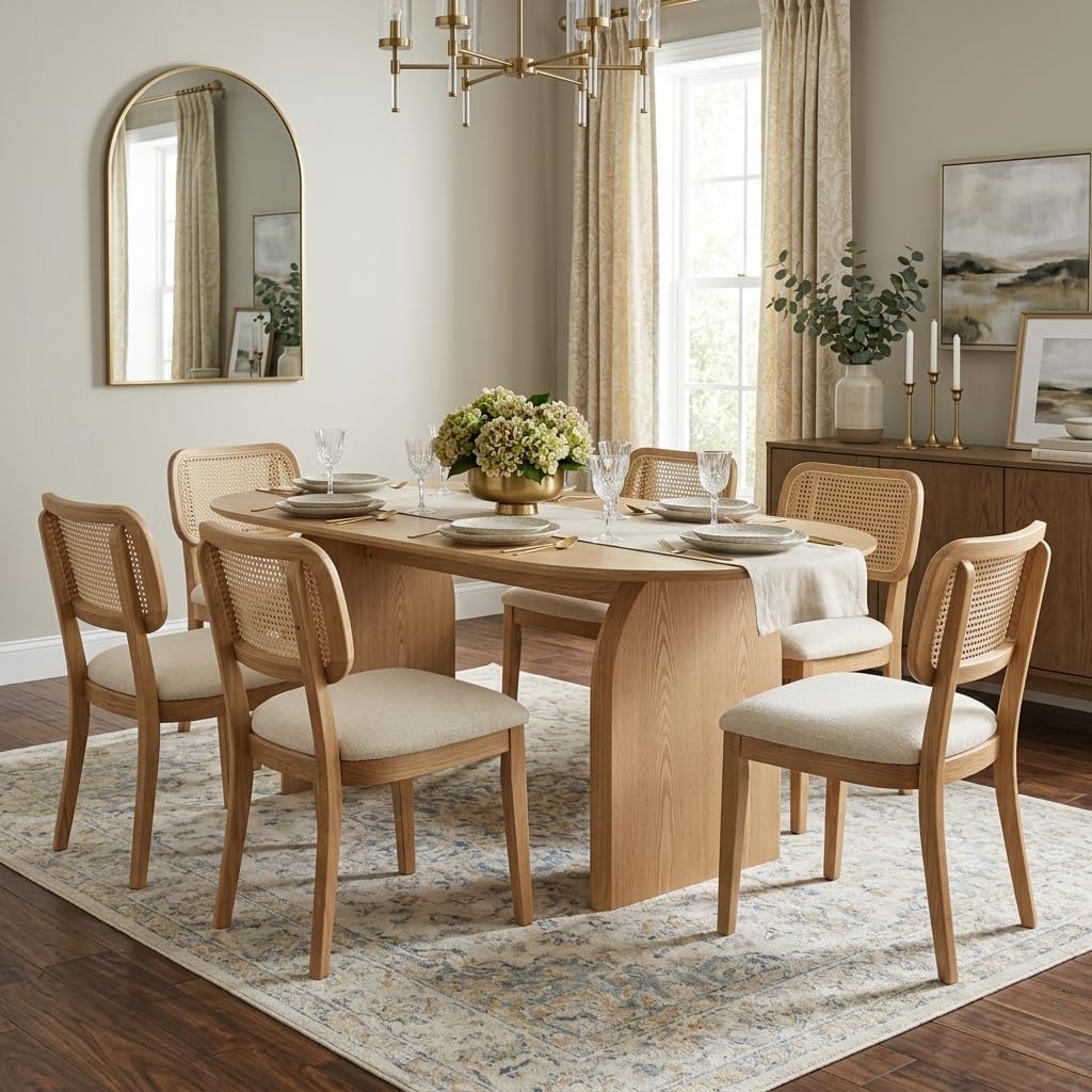 70" Farmhouse Oval Dining Table, Heavy-Duty Wood Dining Room Table for 4-6 Seats, Modern Kitchen Dinner Table & Home Office Desk with Easy-Clean Curved Tabletop, Natural