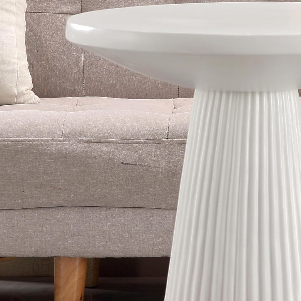 Henf 17.72" Round End Table for Indoor Outdoor, Fluted Pedestal Base, Magnesium Oxide, Waterproof, Unique Design MGO Accent Side Table Night Stand Bedside Table for Living Room Bedroom, White