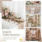 Sequin Table Runners 2 Pieces Rose Gold Flower Table Runners 12x72 Inch Glitter Dining Table Cover for Party Wedding Birthday Reception Banquet Decoration Spring Party Chair Sashes