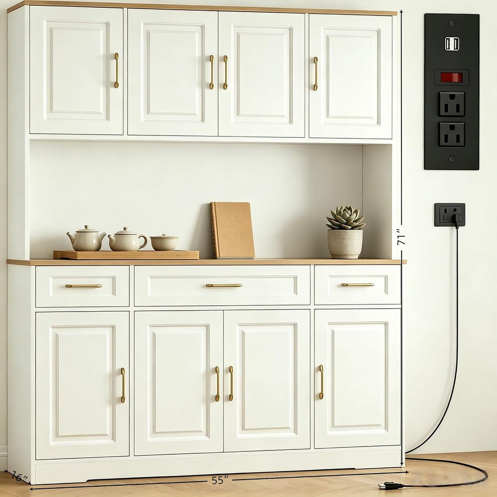 71" Tall Farmhouse Kitchen Pantry Cabinet, 55" Wide Storage Hutch with LED Lights, Charging Station, Drawers & Adjustable Shelves, Multi-Purpose Microwave Coffee Bar for Kitchen Dining Room (White)