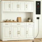 71" Tall Farmhouse Kitchen Pantry Cabinet, 55" Wide Storage Hutch with LED Lights, Charging Station, Drawers & Adjustable Shelves, Multi-Purpose Microwave Coffee Bar for Kitchen Dining Room (White)