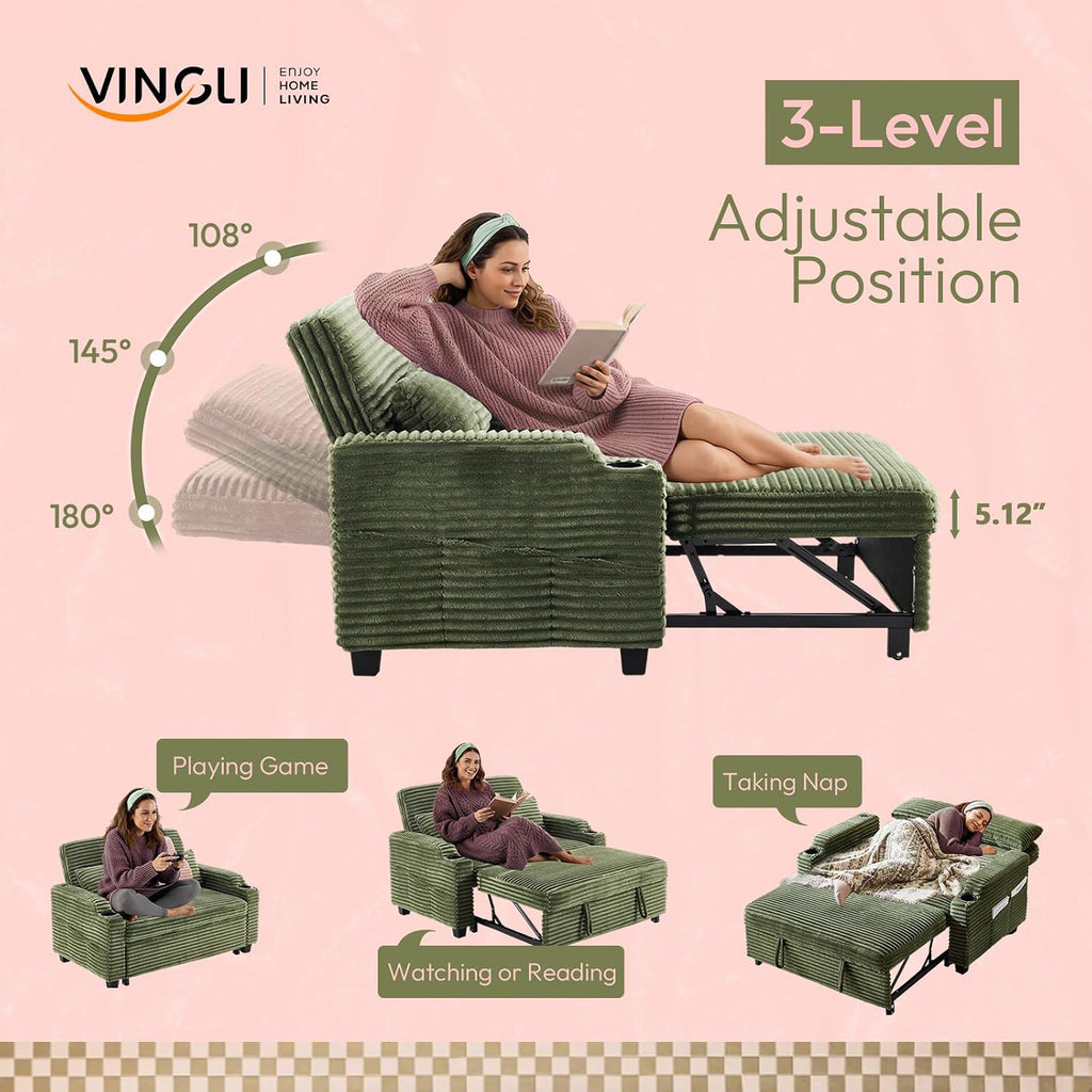 VINGLI Green Futon Sofa Bed Convertible Loveseat Sleeper Sofa Couch, Corduroy Pullout Sofa Fold Out Couch Bed with USB Ports, Cup Holders, Armrest for Living Room, Bedroom Apartment Room