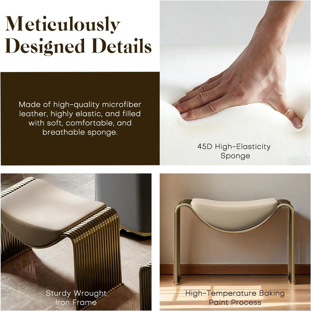 Midcentury Faux Leather Entryway Bench - Convertible Storage Stool for Bedroom, Makeup Vanity & Living Room | Upholstered Dining Accent Seat, Indoor Bed Footboard Stool (Gold)