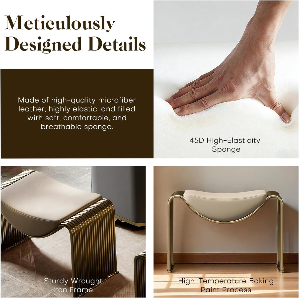Midcentury Faux Leather Entryway Bench - Convertible Storage Stool for Bedroom, Makeup Vanity & Living Room | Upholstered Dining Accent Seat, Indoor Bed Footboard Stool (Gold)