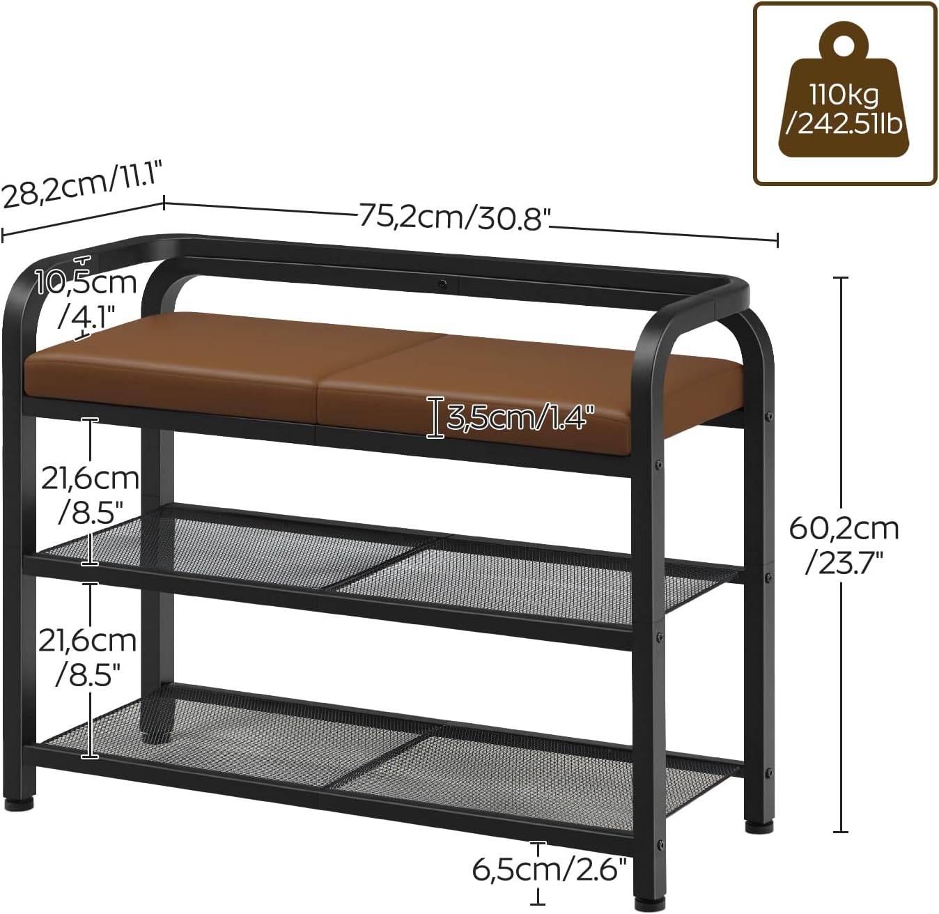 YATINEY Shoe Bench with Backrest, Entryway Bench, 2-Tier Shoe Rack with PU Padded Seat, Upholstered Shoe Storage Bench with Back, for Hallway, Entryway, Foyer, Bedroom, Brown and Black HX04BV
