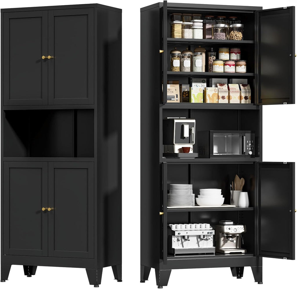 Metal Kitchen Pantry Cabinet, 69" Tall Black Storage Cabinet with 4 Doors and 3 Adjustable Shelves, Freestanding Cupboards with Microwave Stand for Dining Room, Living Room, Bathroom