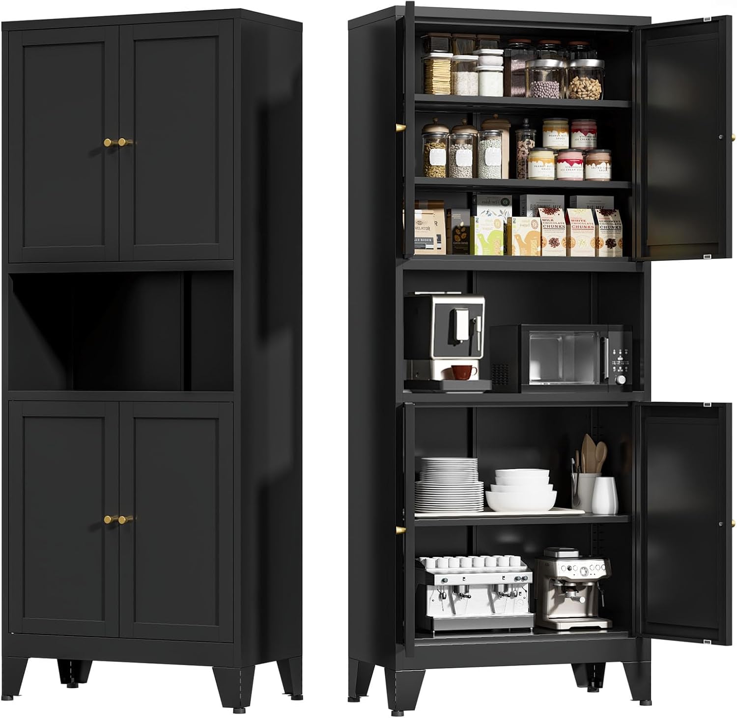 Metal Kitchen Pantry Cabinet, 69" Tall Black Storage Cabinet with 4 Doors and 3 Adjustable Shelves, Freestanding Cupboards with Microwave Stand for Dining Room, Living Room, Bathroom