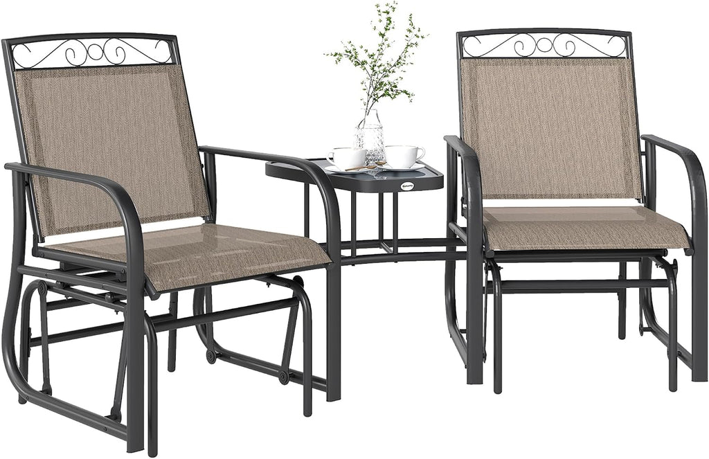 Outsunny Outdoor Glider Chairs with Coffee Table Patio 2-Seat Brown | Rocking Chair Swing, Breathable Sling, Backyard, Garden, Porch