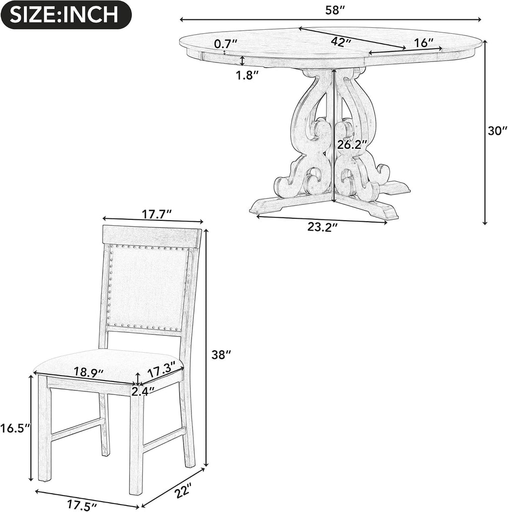 Extendable Dining Table Set for 4-6, Farmhouse Kitchen Table Set with Extendable Round Dining Table & 4 Upholstered Chairs, Solid Wood Table and Chairs Set for Kitchen, Dining Room, Antique White