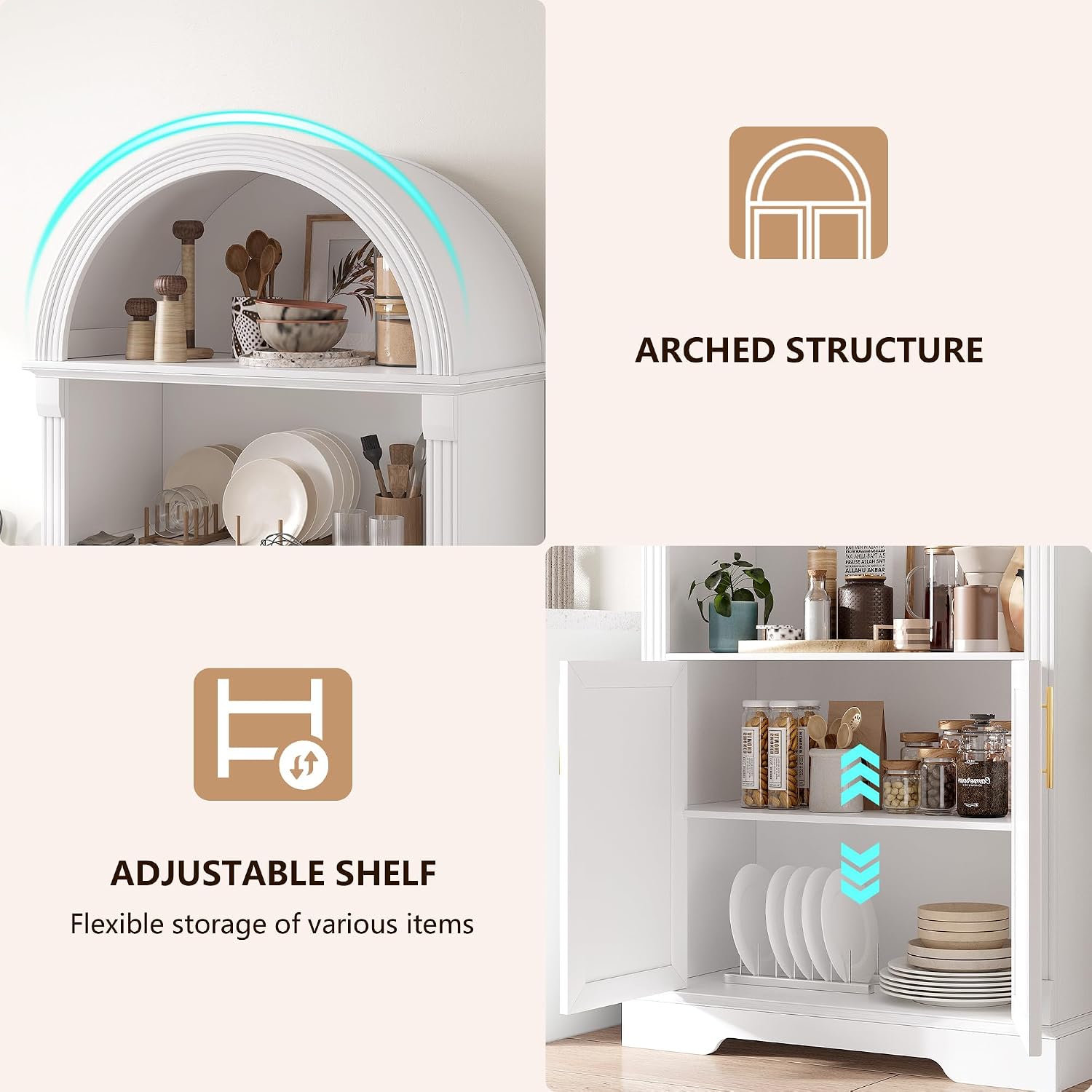 Vlsrka Kitchen Pantry Storage Cabinets with Adjustable Shelves, 71" Tall | Arched Wooden Cabinet with Doors, 3 Colors LED Lights, Motion Sensor, Freestanding, for Living/Dining Room, White