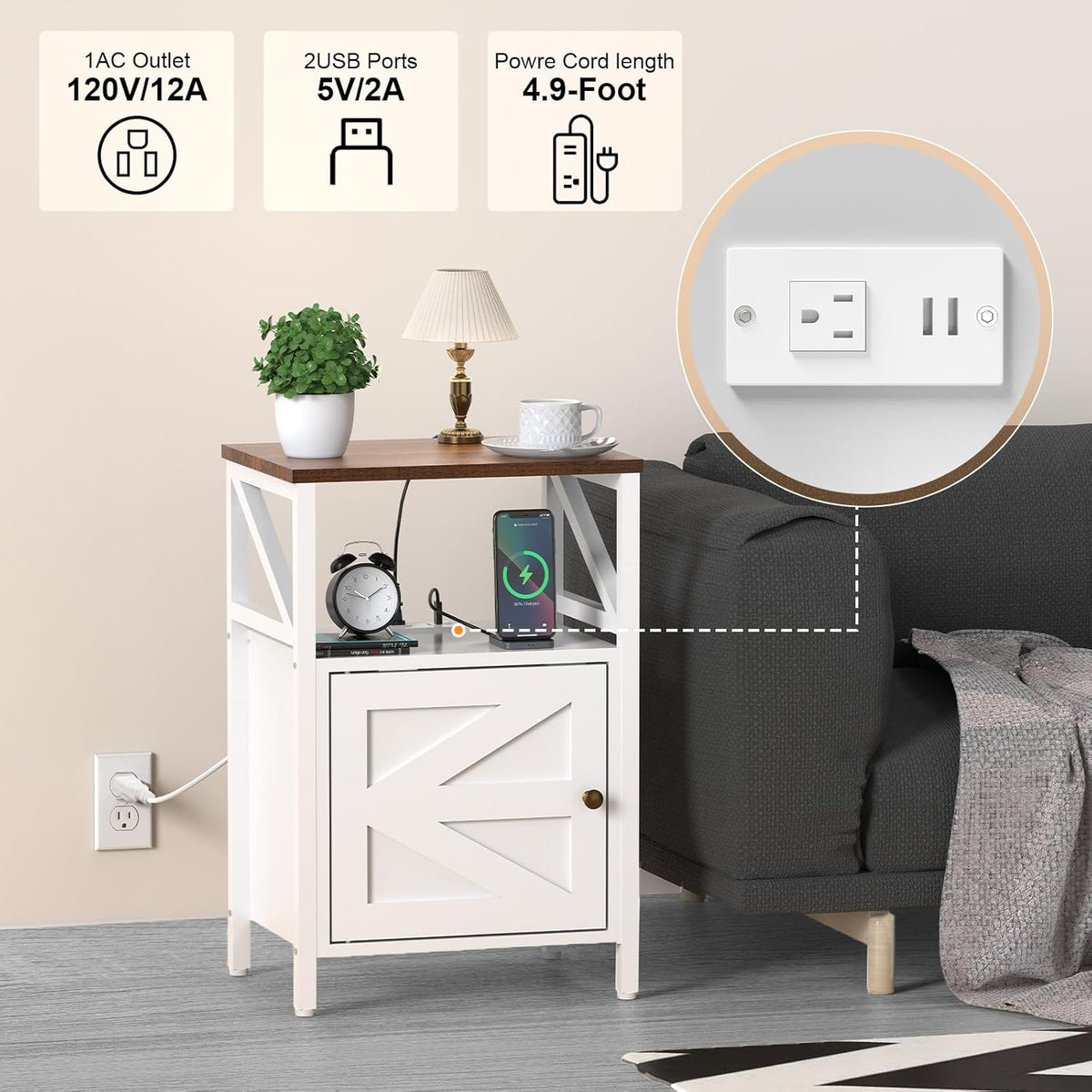 Farmhouse Side Table with Charging Station -3-Tier USB Ports & Outlets End Table, Compact Bedside Storage Table for Small Spaces, Multi-Functional Accent Table for Bedroom, Living Room, Couch Entryway