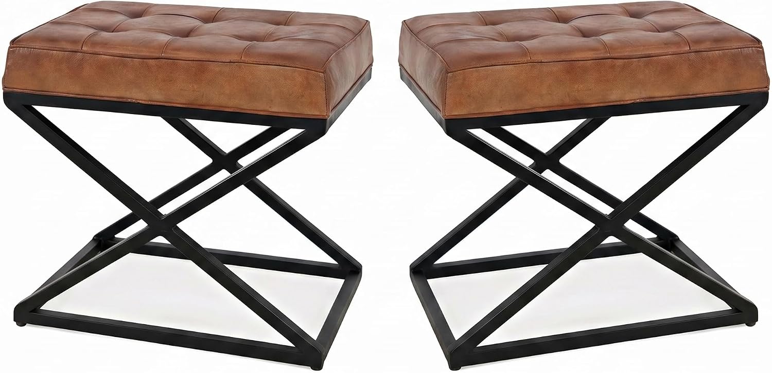 Jofran Global Archive Mid-Century Modern Genuine Leather Ottoman Pre-Assembled, 20''W x 14''D x 18.5''H, Saddle Brown,Set of 2