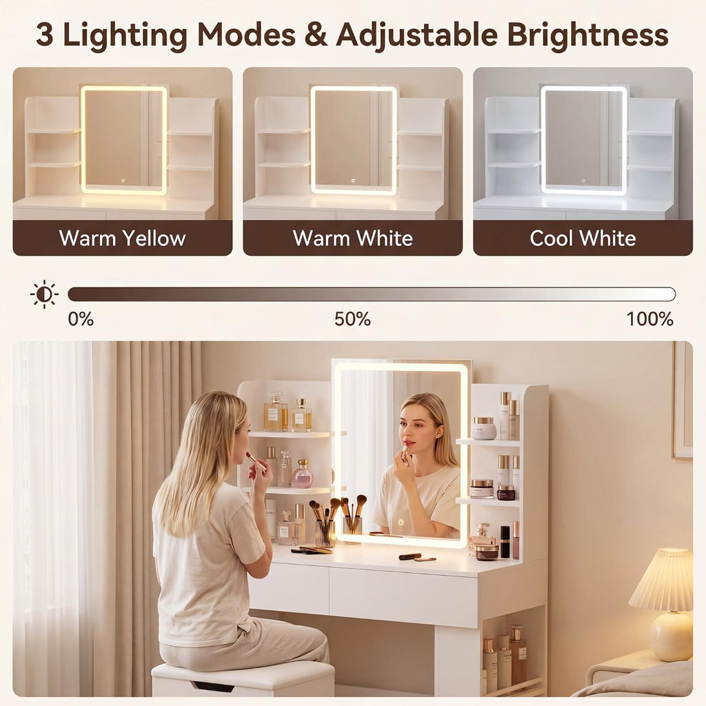 YESHOMY 35.4 Inch Vanity Desk Set with LED Mirror and Lights, Modern White | Makeup Vanity Set with 2 Drawers, Side Shelves, Storage Bench, Open Shelves and 3 Color Lighting Modes