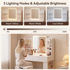YESHOMY 35.4 Inch Vanity Desk Set with LED Mirror and Lights, Modern White | Makeup Vanity Set with 2 Drawers, Side Shelves, Storage Bench, Open Shelves and 3 Color Lighting Modes