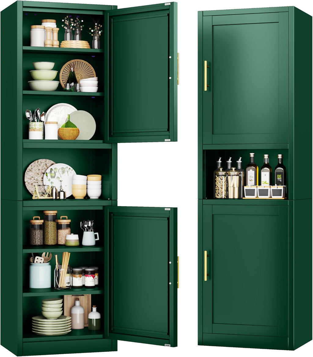 Tokawa 67" Tall Pantry Cabinet, Kitchen Metal Storage Cabinet with Breathable Mesh Doors, 4 Adjustable Shelves, Reversible Doors, Cord Hole, Reversible Door, Green