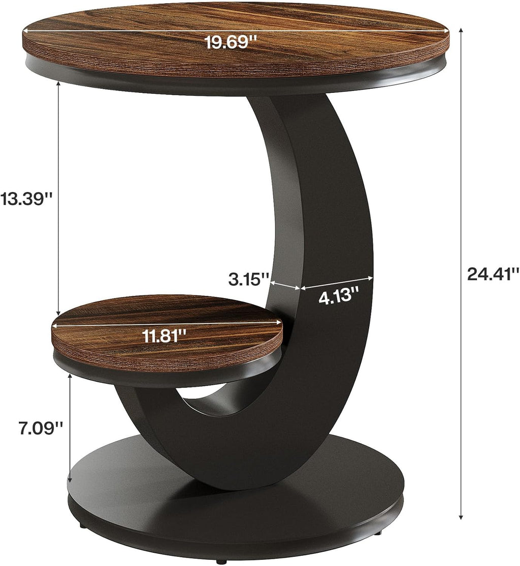 Tribesigns Round End Table, 2 Tiers Side Table with Storage Shelf, Sofa Side Bedside Nightstand with Wood Metal Arc-Shaped Frame for Small Spaces, Living Room, Bedroom, Easy to Assemble, Brown (1PCS)