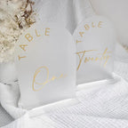 JINMURY Frosted Arch Wedding Table Numbers 1-20 with Stands, 5x7 Inch Acrylic Arch Sign with Golden Lettering, Frosted Acrylic Table Numbers for Wedding Reception