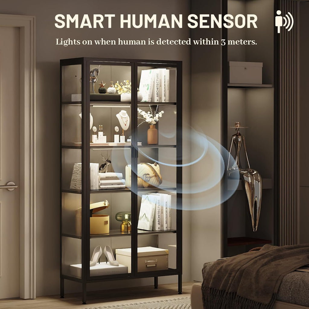 71" H Display Cabinet with Glass Doors,Display Case with LED Sensor Lights,Glass Display Cabinet with Adjustable Shelves and Feet,Display Cabinets for Living Room/Bedroom/Kitchen