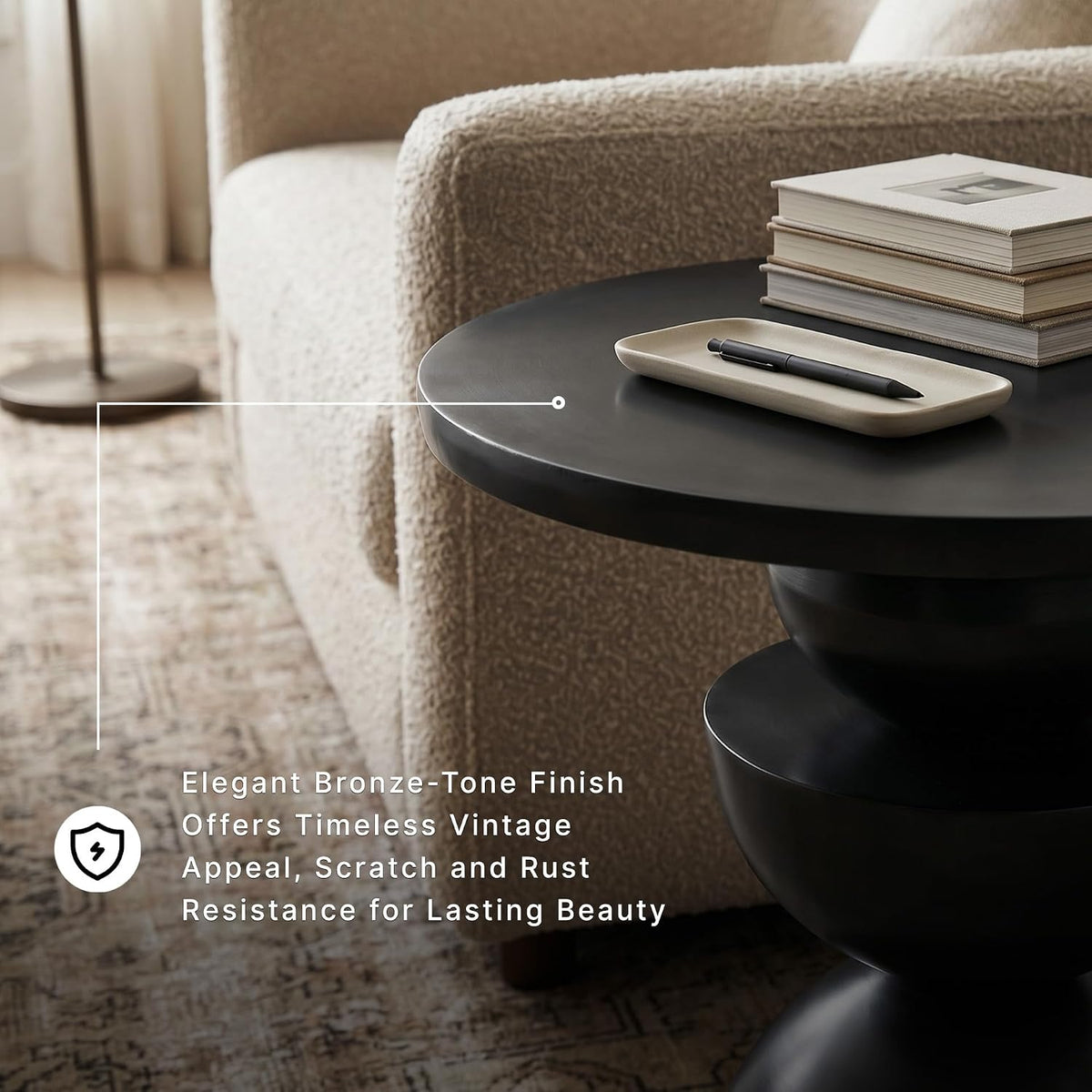 Signature Design by Ashley Kurtson Accent Table, Round Metal End Table with Contemporary Pedestal Base, Sculptural Geometric Decor for Living Room, Dark Bronze Finish, 23 Inch