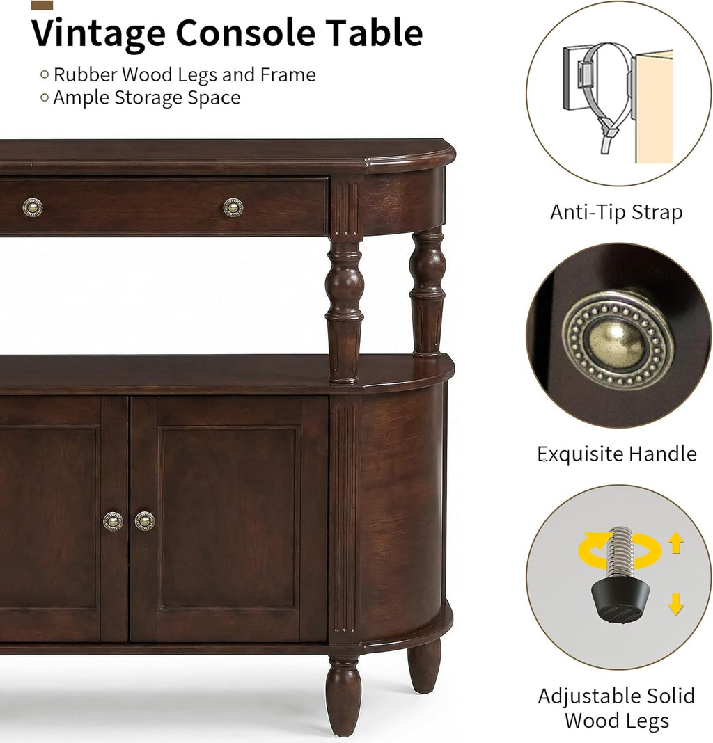 Curved Console Table with Solid Wood Legs, 47" Half Moon Sofa Table with Storage, Drawer & 2-Doors, Real Wood Veneer, Adjustable Shelf, Anti-Tip, Entryway Table for Living Room/Hallway,Walnut