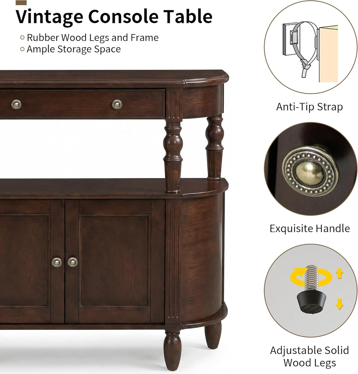 Curved Console Table with Solid Wood Legs, 47" Half Moon Sofa Table with Storage, Drawer & 2-Doors, Real Wood Veneer, Adjustable Shelf, Anti-Tip, Entryway Table for Living Room/Hallway,Walnut