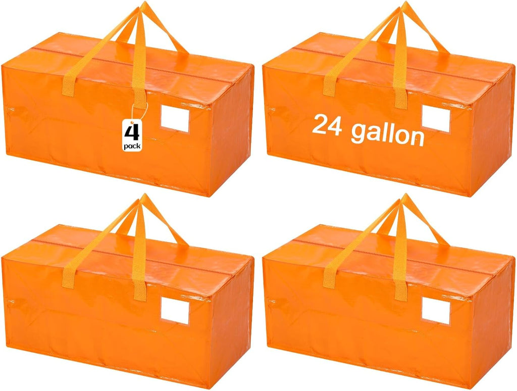 4 Pcs 24 Gallon Large Moving Bags with Zipper and Handles Foldable Storage Duffle Bags Heavy Duty Extra Large Totes for College Dorm Travel Clothes Blankets Bedding Moving (Jelly Orange)