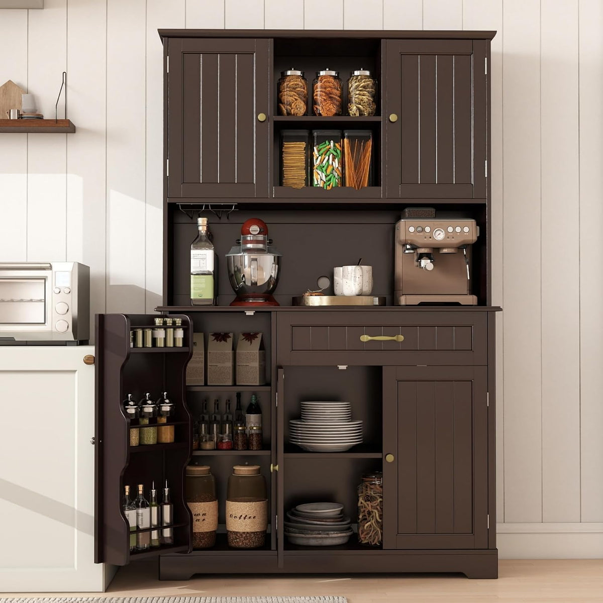 Gizoon Tall Kitchen Storage Cabinet with Door and Shelves Dark Brown | Kitchen Pantry Cabinet with Storage 67" Large Coffee Bar Hutch with Storage for Dining Room Kitchen and Living Room, Painted