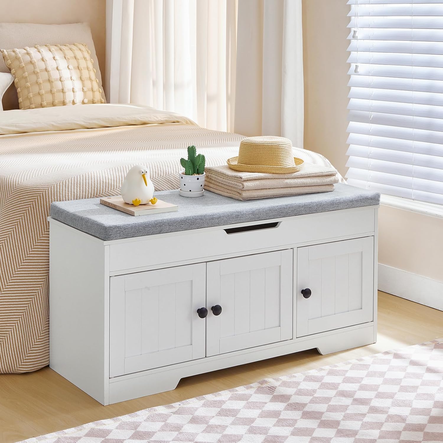 HOOBRO 39.4" Long Entryway Bench with Flip-Top Storage, 3 Tier Shoe Storage Bench with Thickened Padded Seat Cushion, Wooden Shoe Bench with 3 Barn Doors & Adjustable Shelf, White and Gray WG35HX01