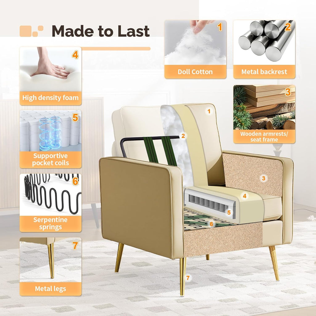 VINGLI Faux Leather Accent Chairs Set of 2 with Gold Legs for Living Room | Brown Armchair, Thick Foam Cushion, Durable Faux Leather PU, Sturdy 380 LB Frame, Elegant Gold Legs, Compact Modern Design