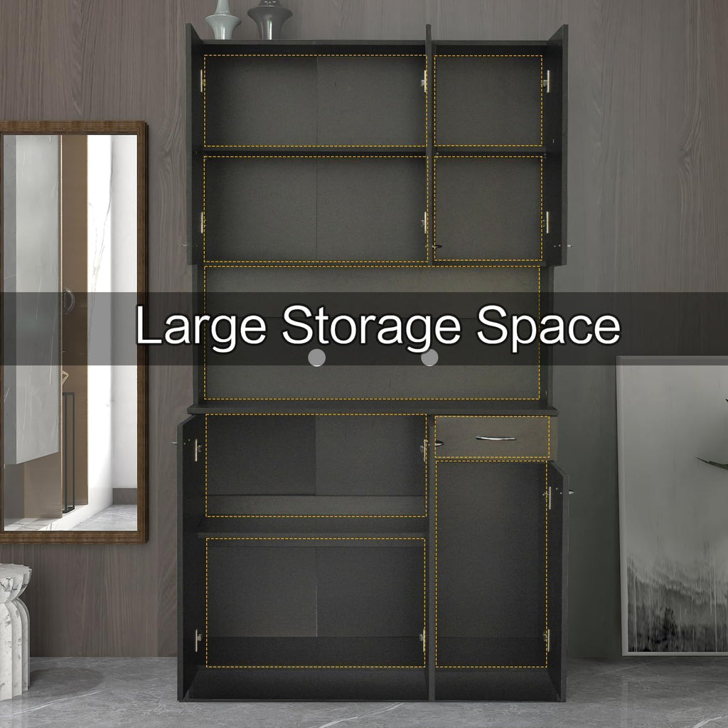 71" Black Kitchen Pantry Cabinets with Microwave Stand, 6 Doors & 3 Adjustable Shelves, Freestanding China Cabinet Hutch, Buffet Cabinet with Storage
