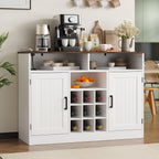 MHOM Farmhouse Buffet Cabinet with Prower Outlets, Rustic Sideboard Buffet with Wine Rack, Wooden Buffet Table for Dining Room, Antique White