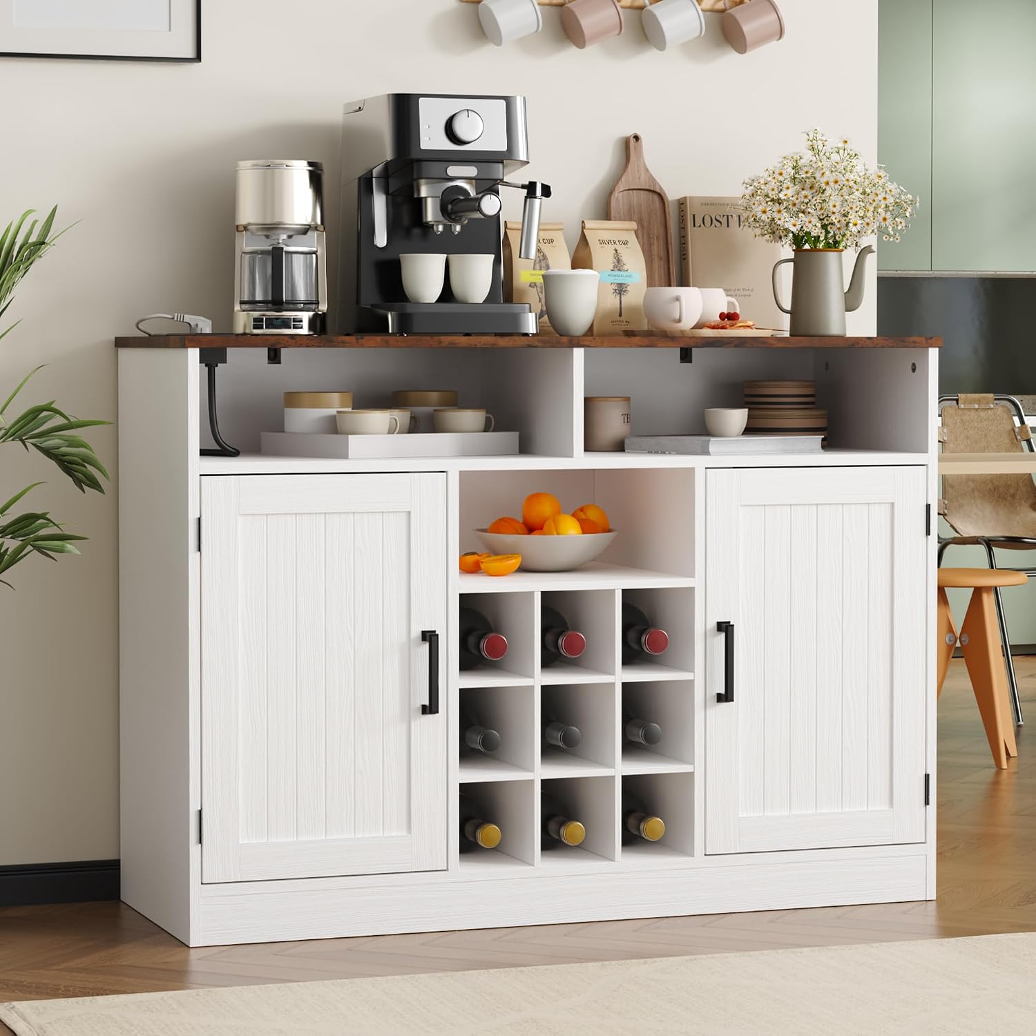 MHOM Farmhouse Buffet Cabinet with Prower Outlets, Rustic Sideboard Buffet with Wine Rack, Wooden Buffet Table for Dining Room, Antique White