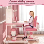 Kids Desk and Chair Set, Height Adjustable Kids Study Desk with Bookshelf and Storage Drawer, 50 Degree Tiltable Desktop Children’s Table and Chairs for Bedroom Study Room Pink