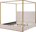 Modern Luxury 4-Poster Canopy Platform Bed King Size with Velvet Upholstered Tall Headboard, Metal Canopied Design Platform Bed Frame with Strong Slats Support (Beige+Gold-King)