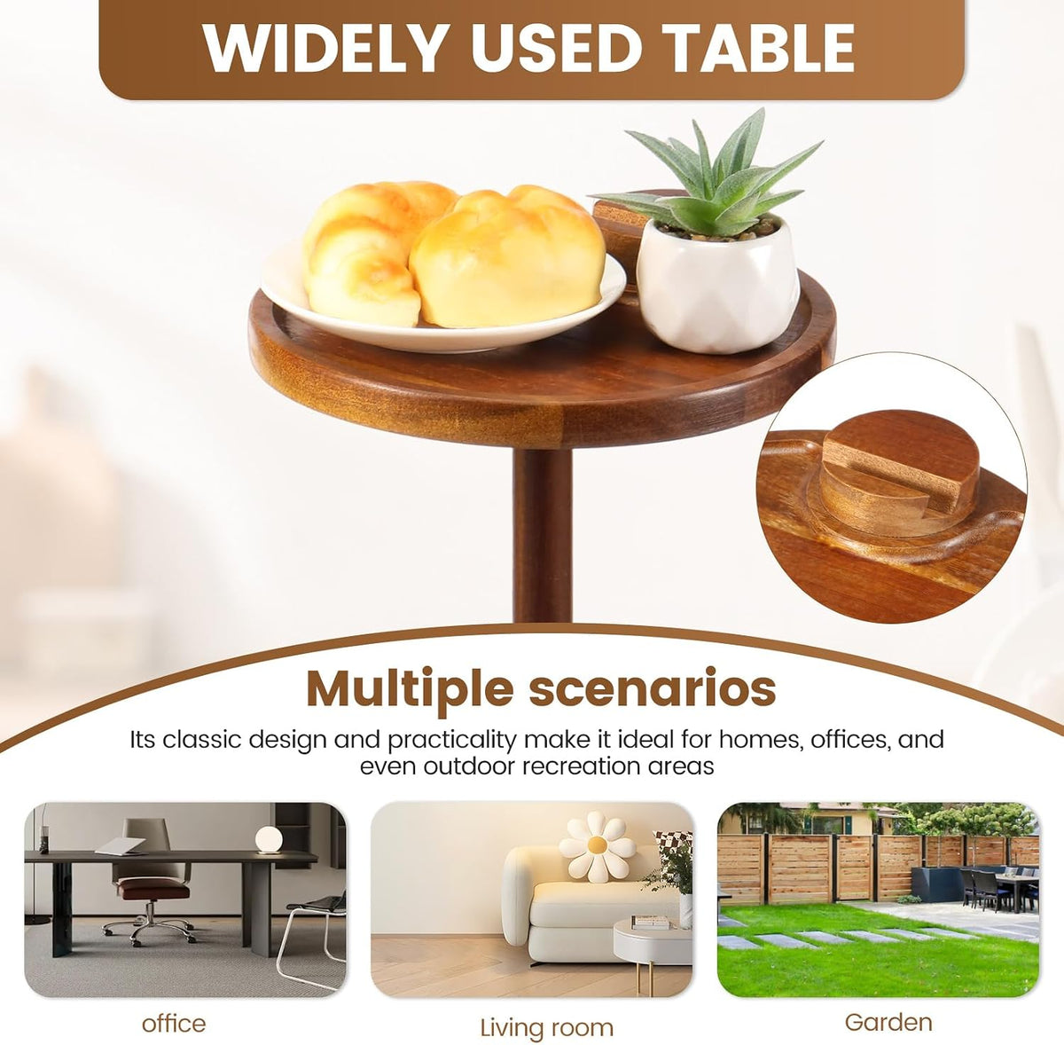Round Side Table, Small Drink Table for Small Spaces, Wooden Pedestal Side Table for Living Room, Bedroom, Corners, and Office