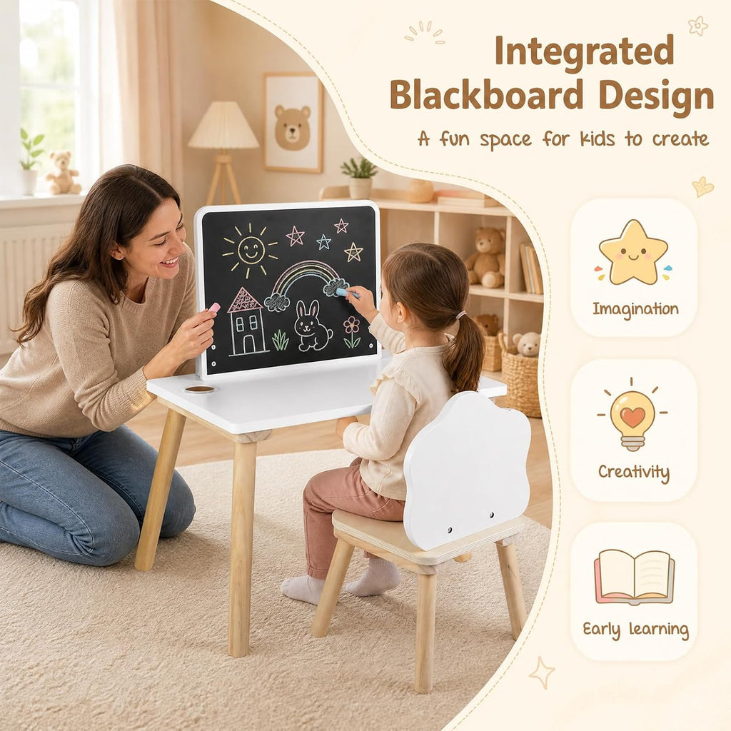 Costzon Weaning Table and Chair Set with Chalkboard | Wooden Kids Table and Chair Set with Brush Pot for Drawing, Learning and Mealtime, Multi Activity Desk for Toddlers