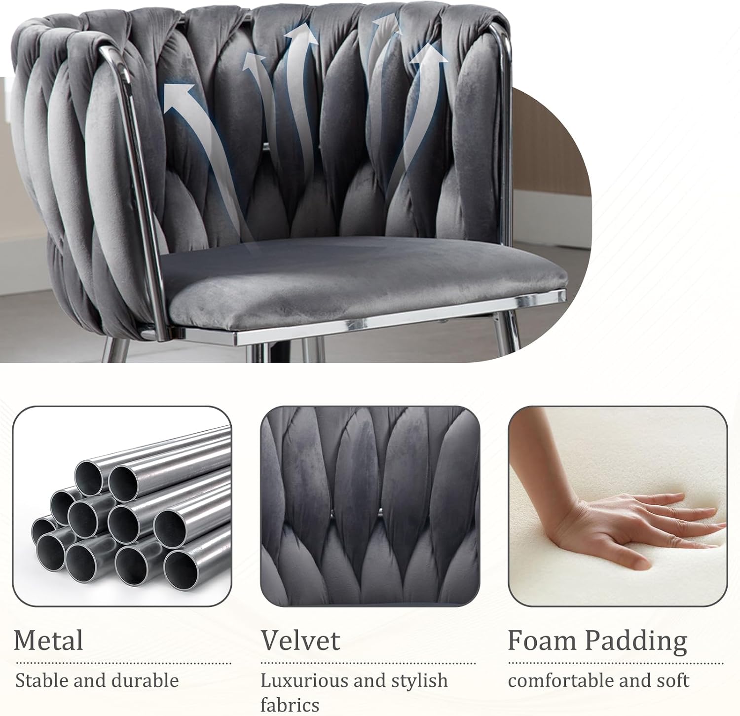 Modern Velvet Dining Chairs Set, Upholstered Dining Chair with Woven Back and Silver Metal Legs, Modern Armchair for Living Room/Kitchen/Bedroom (Gray, 2pcs)