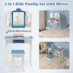 HONEY JOY Kids Vanity, Snowflake Themed Princess Makeup Vanity Set for Little Girls, Real Glass Tri-Folding Mirror, Bedroom Dressing Table & Chair Set, Wooden Girls Vanity Set w/Mirror and Stool(Blue)
