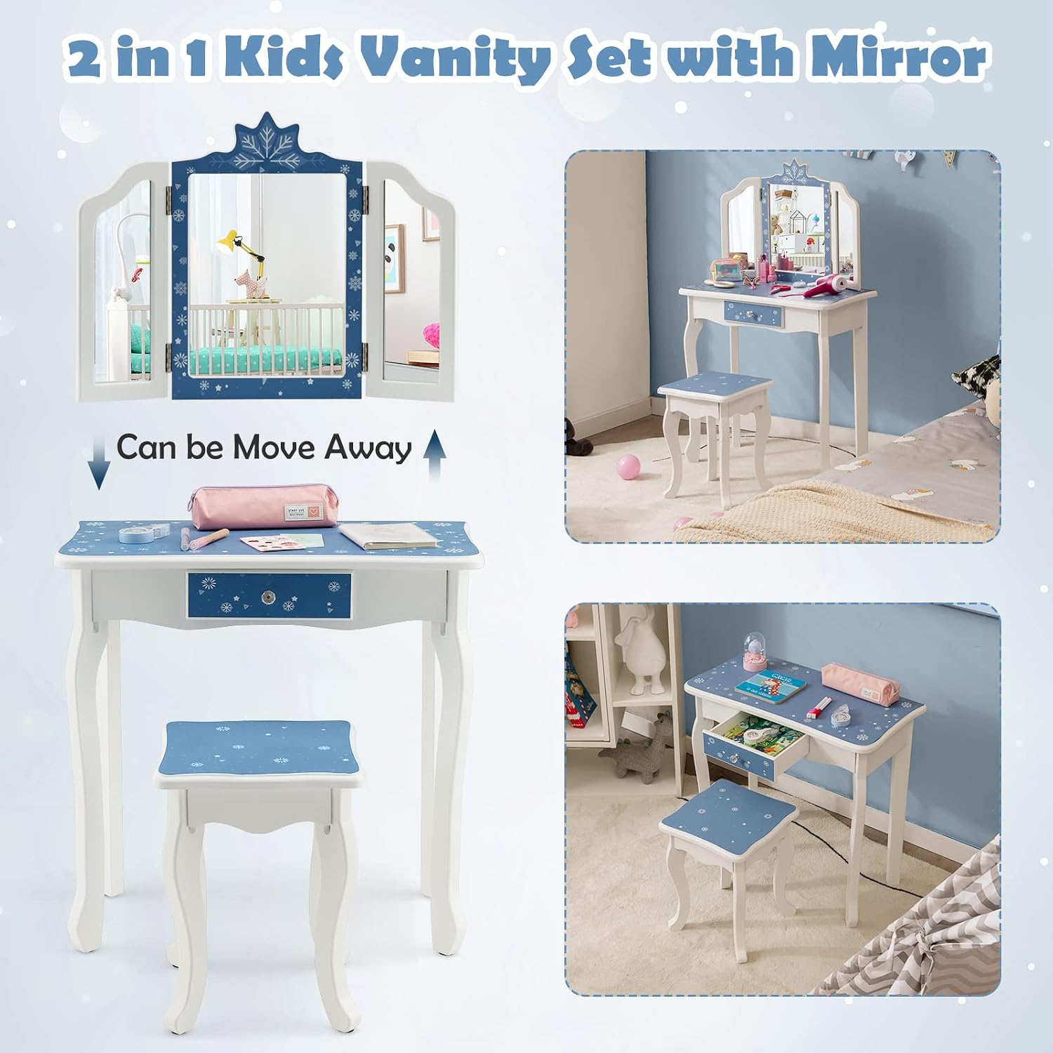 HONEY JOY Kids Vanity, Snowflake Themed Princess Makeup Vanity Set for Little Girls, Real Glass Tri-Folding Mirror, Bedroom Dressing Table & Chair Set, Wooden Girls Vanity Set w/Mirror and Stool(Blue)