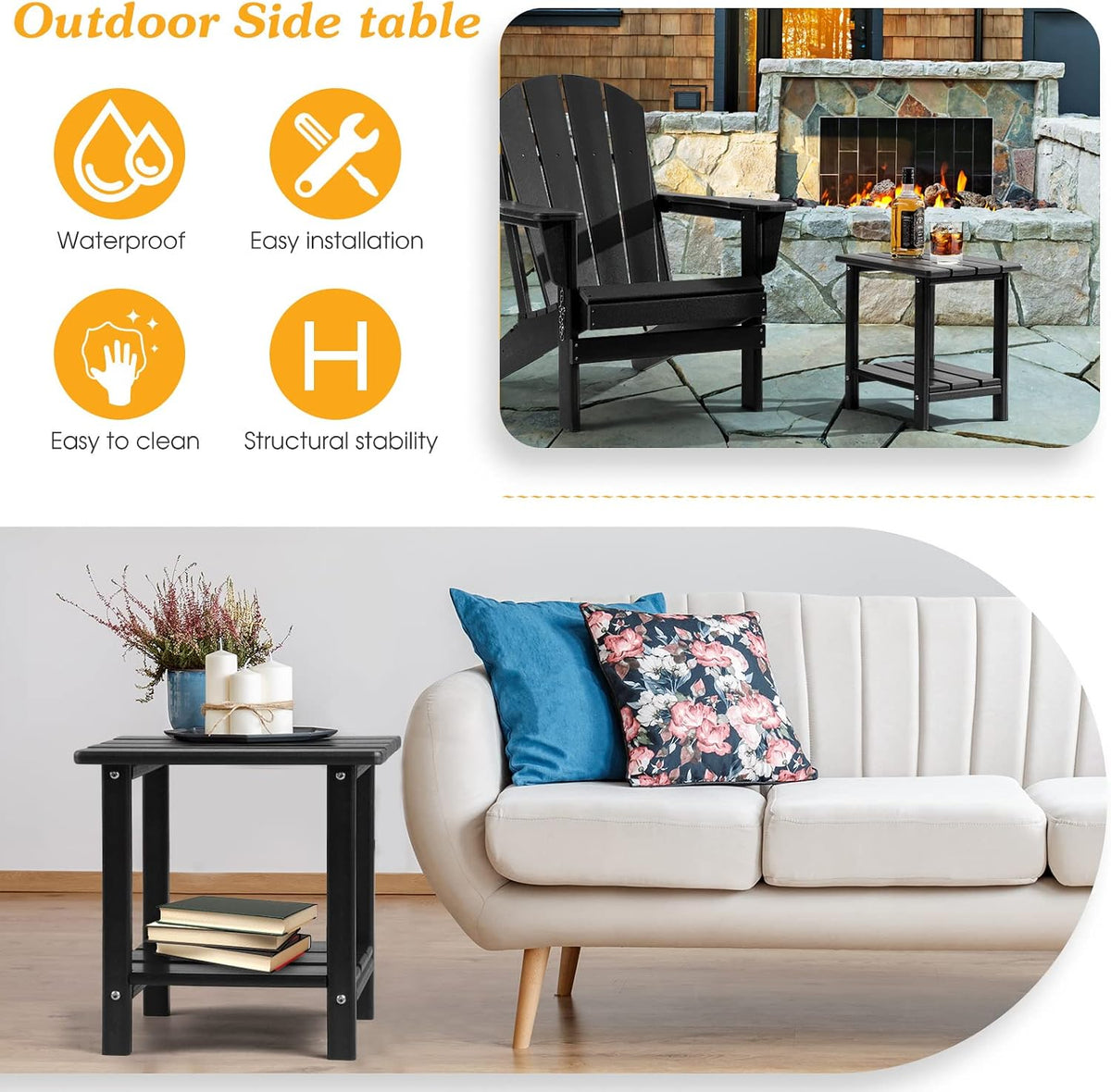 Apolimi Adirondack Outdoor Side Table, 2-Tier Sturdy Patio End Table Weather Resistant, 16.5" Solid Side Table for Patio, Pool, Porch