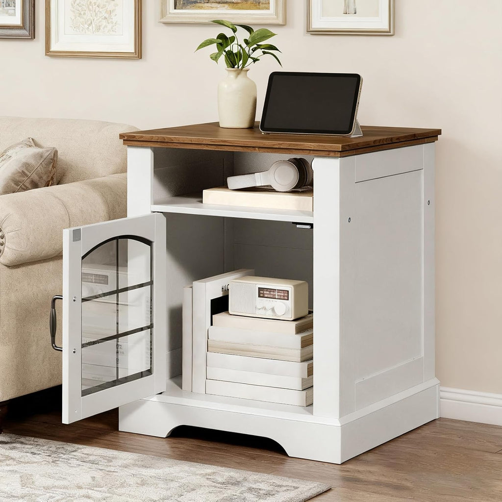 HOOBRO Farmhouse End Table for Living Room, 17.7" Wide Nightstand with Charging Station, Wooden Sofa Side Table with Tempered Glass Barn Door and Open Shelf, White and Walnut WH405UBZ01